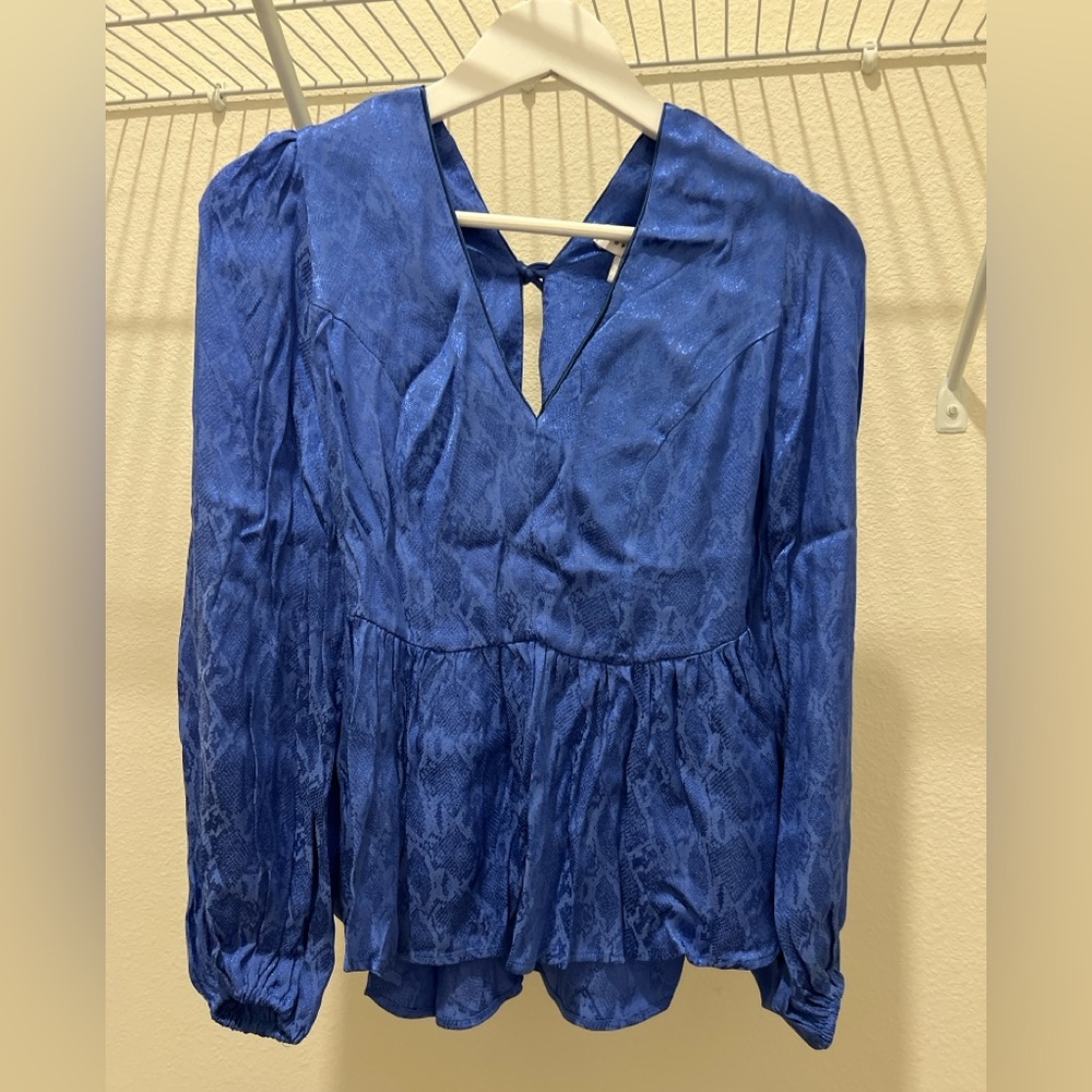 Topshop Blue Long Sleeve Tie Front Peplum Blouse, Size: US8